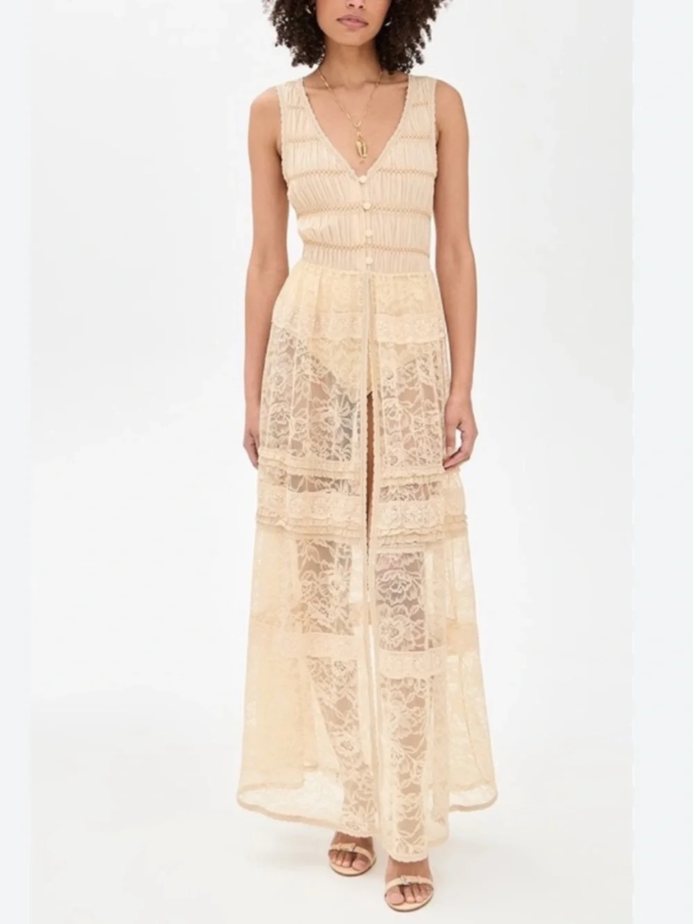 Free People Sweet Saloon Sleeveless Maxi Cream Tan Lace Bodysuit Dress Duster